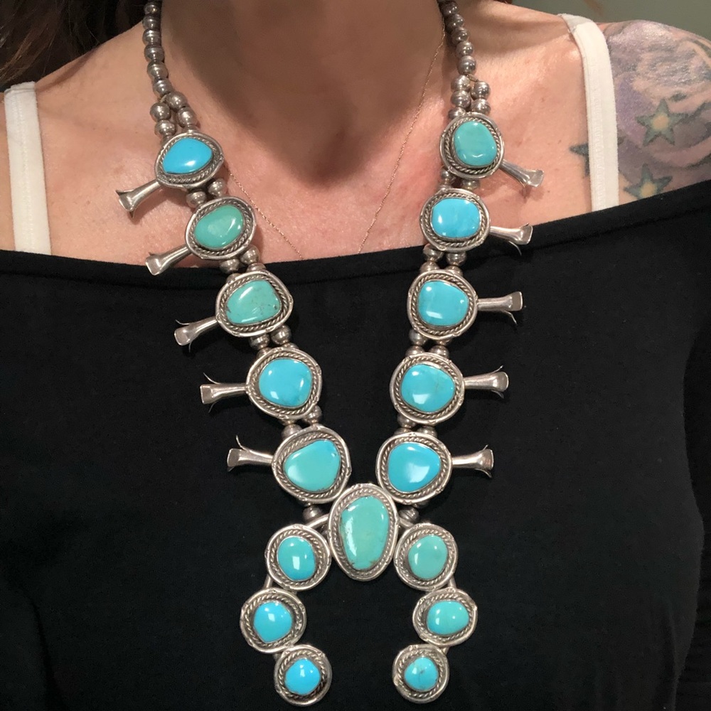 Vintage silver turquoise squash blossom necklace.